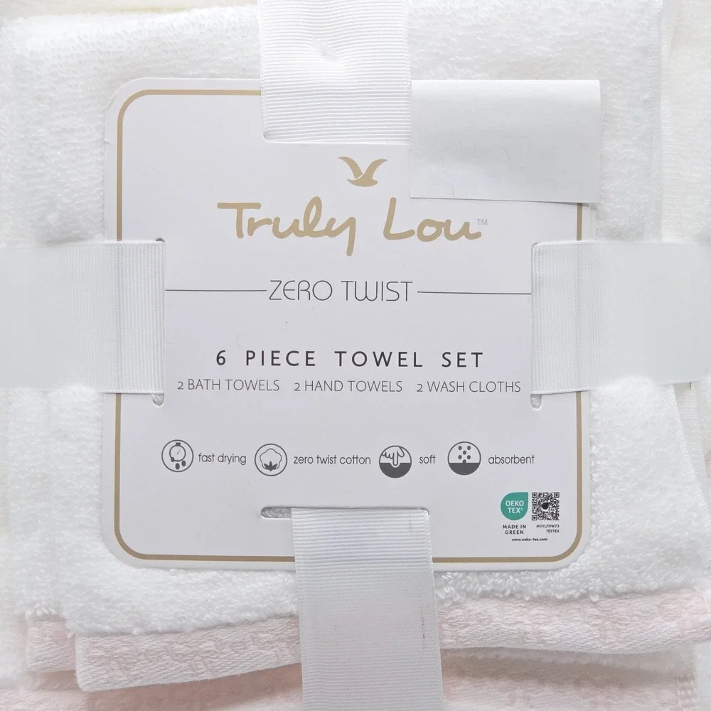 Truly Lou 6pc White Pink Soft Zero Twist Cotton Towel Set 2 Bath‎ 2 Hand 2 Wash